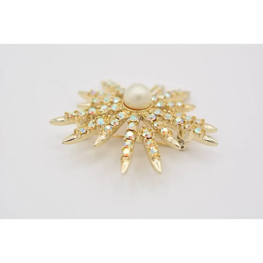 Vintage Crystal Star Pin Brooch Aurora Borealis Rhinestone Gold Tone 1980s BinAT